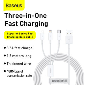 Baseus Superior Series Fast Charging 3 in 1 Data Cable 3.5A 1.5m White