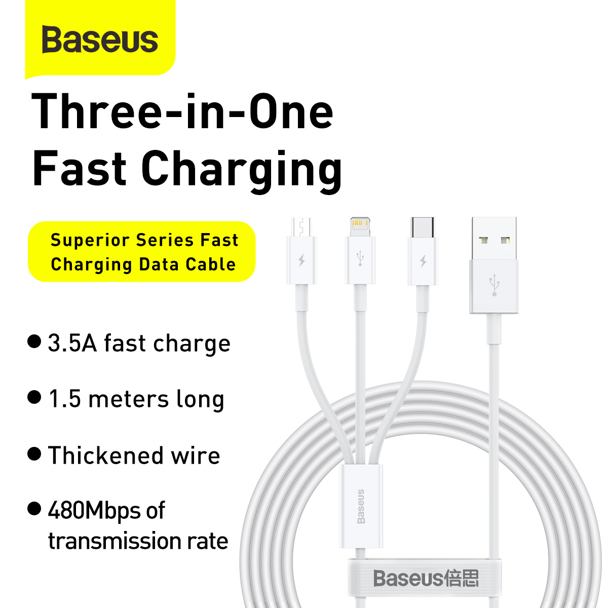 Baseus Superior Series Fast Charging 3 in 1 Data Cable 3.5A 1.5m White
