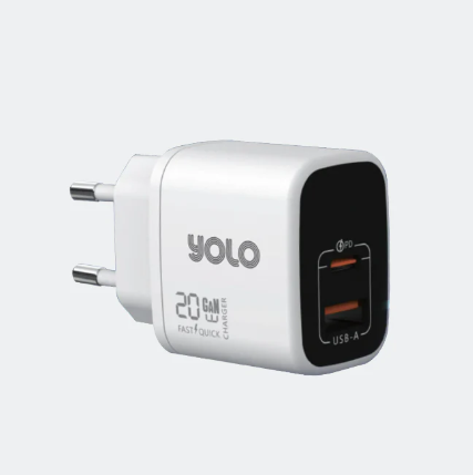 Yolo Y-202 GaN Charger 20w Dual Ports USB-A + Type-C – White
